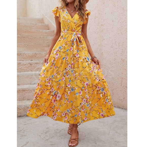Floral Dress Surplice Overlapping V Neck Fit & Flare Maxi Long Yellow Tie Belt - Picture 6 of 8